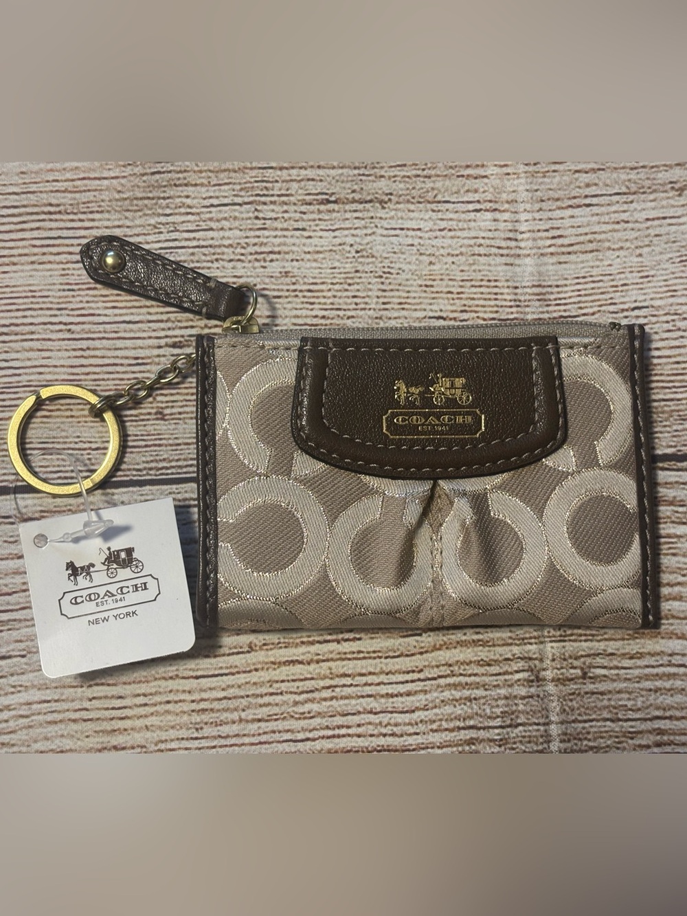 Coach Madison Op Art Lux Signature Logo Wallet Key Ring Khaki Beige, Canvas NWT